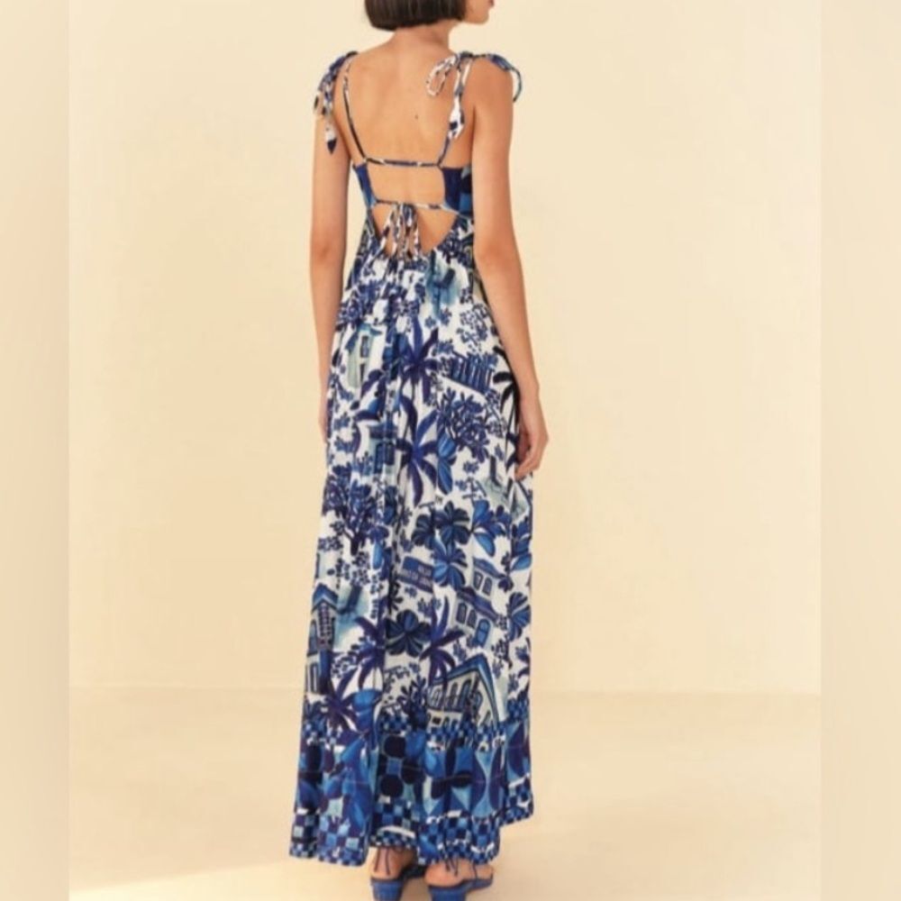FARM RIO Sweet Rio MEDIUM Maxi Dress open back tie up blue white floral tropical - Picture 2 of 10